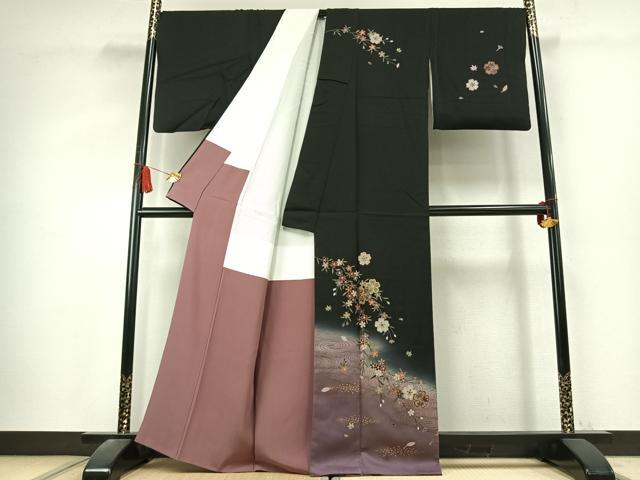 平和屋着物●訪問着　舞桜文　暈し染め　黒地　金銀彩　正絹　逸品　AABK7652fy