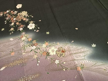 平和屋着物●訪問着　舞桜文　暈し染め　黒地　金銀彩　正絹　逸品　AABK7652fy