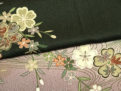平和屋着物●訪問着　舞桜文　暈し染め　黒地　金銀彩　正絹　逸品　AABK7652fy