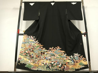 平和屋着物●豪華黒留袖　作家物　風景人物文　金彩　正絹　逸品　未使用　AABK7656fy