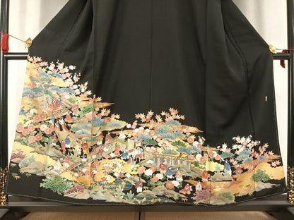 平和屋着物●豪華黒留袖　作家物　風景人物文　金彩　正絹　逸品　未使用　AABK7656fy