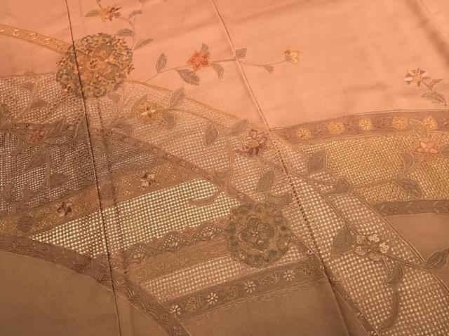 平和屋着物●訪問着　中国三大刺繍　汕頭刺繍　スワトウ刺繍　総刺繍　吉祥花文　暈し染め　正絹　逸品　未使用　AABK7664fy