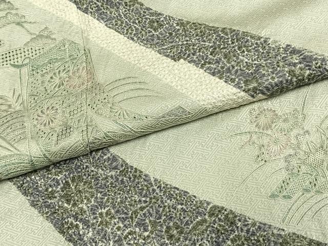 平和屋着物●訪問着　中国三大刺繍　汕頭刺繍　スワトウ刺繍　相良刺繍　絞り　草花文　やまと誂製　正絹　逸品　AABK7672fy