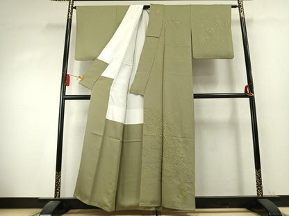 平和屋着物●訪問着　総刺繍　扇面花文　柳茶色　金糸　正絹　逸品　AABK7676fy