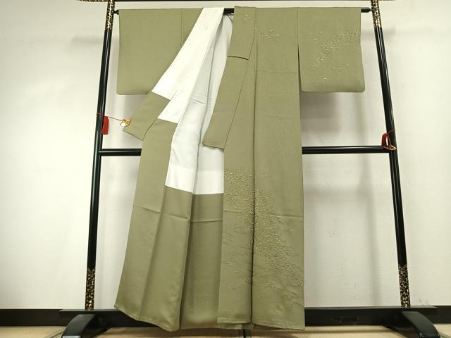 平和屋着物●訪問着　総刺繍　扇面花文　柳茶色　金糸　正絹　逸品　AABK7676fy