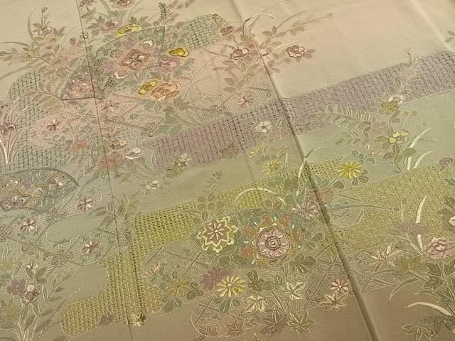 平和屋着物●訪問着　中国三大刺繍　汕頭刺繍　スワトウ刺繍　総刺繍　地紙花文　暈し染め　金銀糸　正絹　逸品　未使用　AABK7677fy