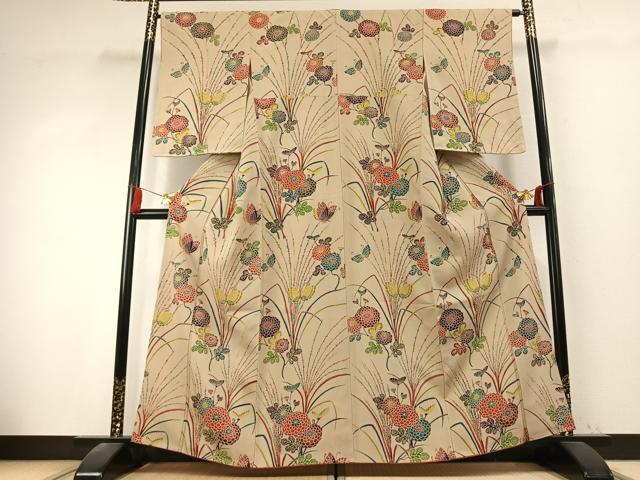平和屋着物●上質な小紋　型染め　花蝶文　正絹　逸品　未使用　AABK7681fy