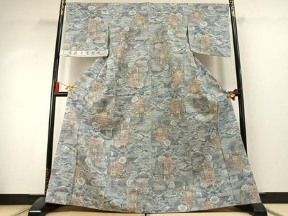 平和屋着物●小千谷紬　人物風景文　反端付き　正絹　逸品　AABK7685fy