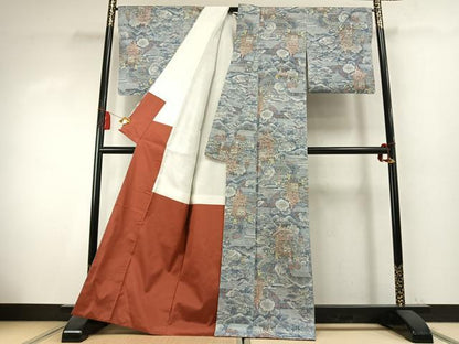 平和屋着物●小千谷紬　人物風景文　反端付き　正絹　逸品　AABK7685fy