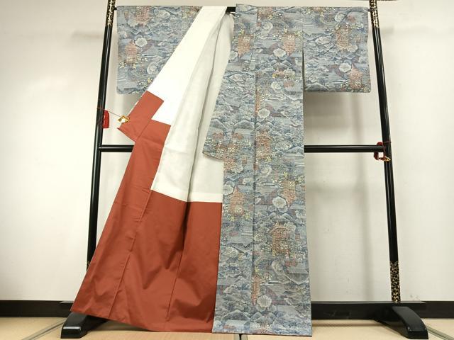 平和屋着物●小千谷紬　人物風景文　反端付き　正絹　逸品　AABK7685fy