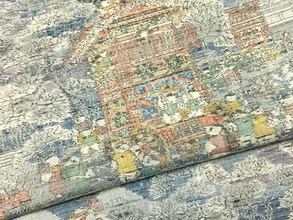 平和屋着物●小千谷紬　人物風景文　反端付き　正絹　逸品　AABK7685fy