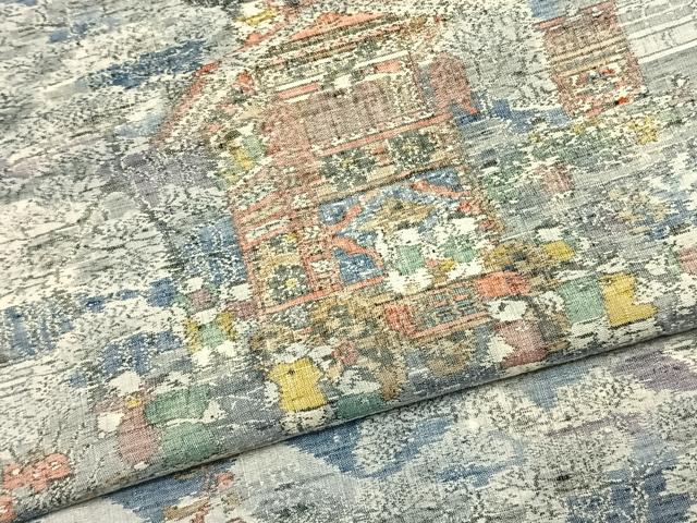 平和屋着物●小千谷紬　人物風景文　反端付き　正絹　逸品　AABK7685fy