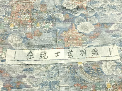 平和屋着物●小千谷紬　人物風景文　反端付き　正絹　逸品　AABK7685fy