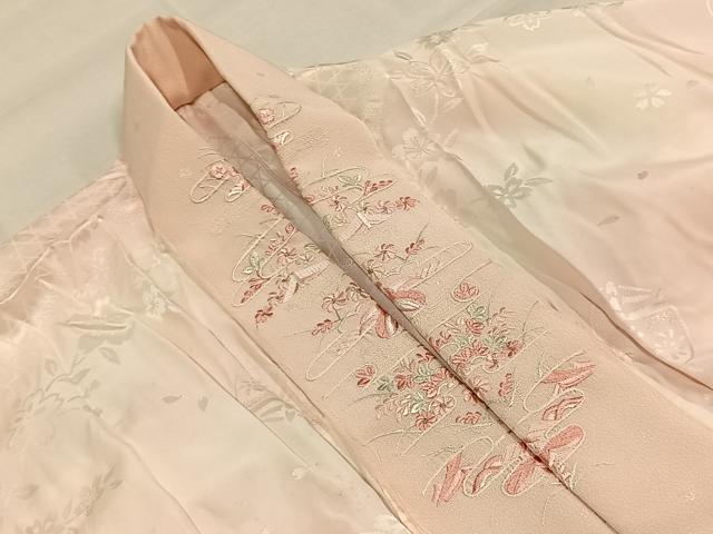 平和屋着物●振袖用長襦袢　無双仕立て　舞桜地紋　暈し染め　鈴乃屋扱い　半衿刺繍　正絹　逸品　AABK7693fy