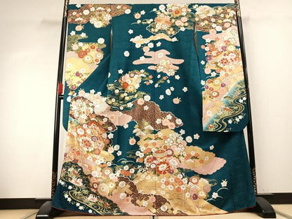 平和屋着物●豪華振袖　花鳥文　暈し染め　金糸　金彩　正絹　逸品　AABK7697fy