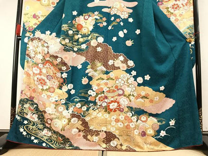 平和屋着物●豪華振袖　花鳥文　暈し染め　金糸　金彩　正絹　逸品　AABK7697fy