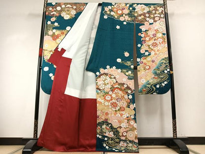 平和屋着物●豪華振袖　花鳥文　暈し染め　金糸　金彩　正絹　逸品　AABK7697fy