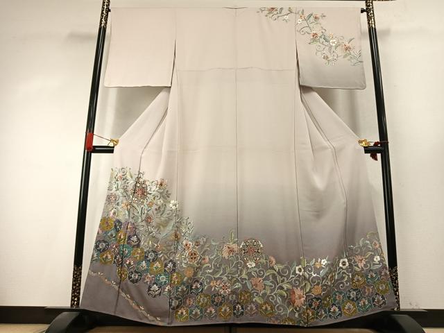 平和屋着物●訪問着　中国三大刺繍　汕頭刺繍　スワトウ刺繍　総刺繍　花唐草文　暈し染め　金糸　正絹　逸品　未使用　AABK7699fy