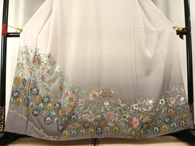 平和屋着物●訪問着　中国三大刺繍　汕頭刺繍　スワトウ刺繍　総刺繍　花唐草文　暈し染め　金糸　正絹　逸品　未使用　AABK7699fy