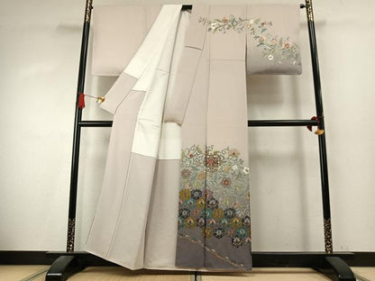 平和屋着物●訪問着　中国三大刺繍　汕頭刺繍　スワトウ刺繍　総刺繍　花唐草文　暈し染め　金糸　正絹　逸品　未使用　AABK7699fy