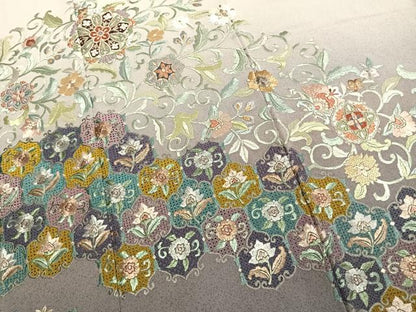 平和屋着物●訪問着　中国三大刺繍　汕頭刺繍　スワトウ刺繍　総刺繍　花唐草文　暈し染め　金糸　正絹　逸品　未使用　AABK7699fy