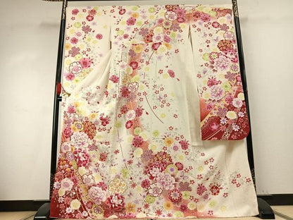 平和屋着物●豪華振袖　刺繍　花蝶文　暈し染め　金糸　金銀彩　銀通し地　正絹　逸品　AABK7704fy