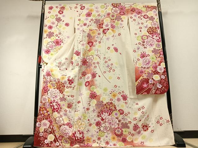 平和屋着物●豪華振袖　刺繍　花蝶文　暈し染め　金糸　金銀彩　銀通し地　正絹　逸品　AABK7704fy