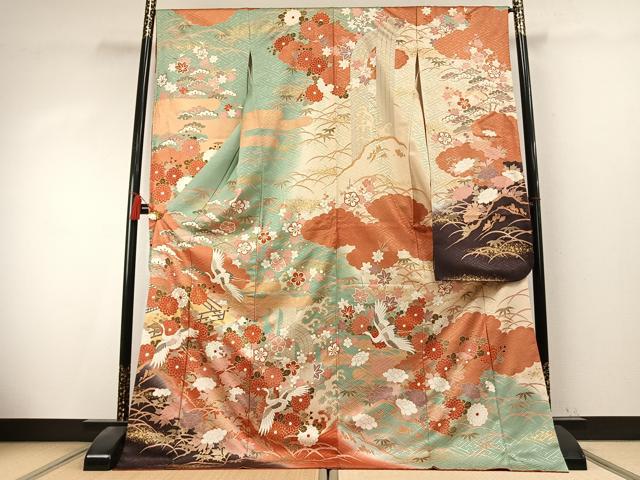 平和屋着物●豪華振袖　駒刺繍　花鳥文　暈し染め　金彩　正絹　逸品　AABK7706fy