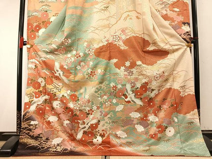 平和屋着物●豪華振袖　駒刺繍　花鳥文　暈し染め　金彩　正絹　逸品　AABK7706fy