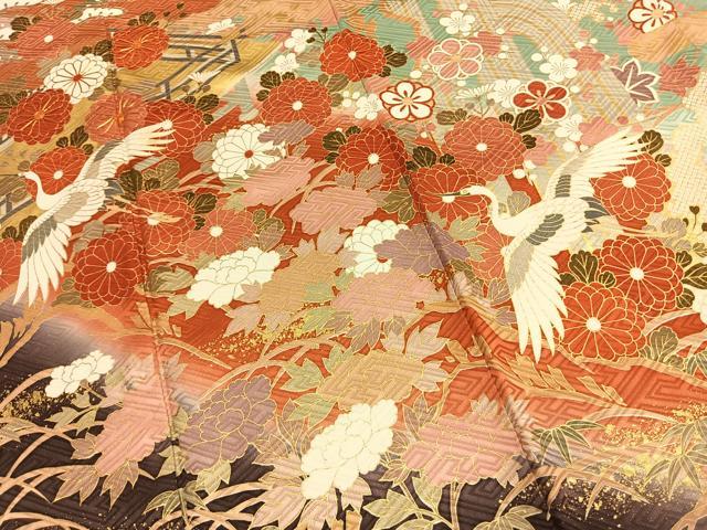 平和屋着物●豪華振袖　駒刺繍　花鳥文　暈し染め　金彩　正絹　逸品　AABK7706fy