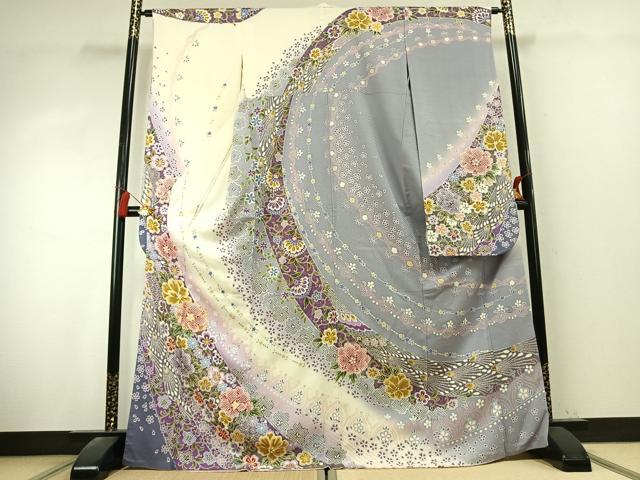 平和屋着物●豪華振袖　駒刺繍　草花文　暈し染め　金彩　正絹　逸品　AABK7715fy
