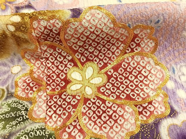 平和屋着物●豪華振袖　駒刺繍　草花文　暈し染め　金彩　正絹　逸品　AABK7715fy