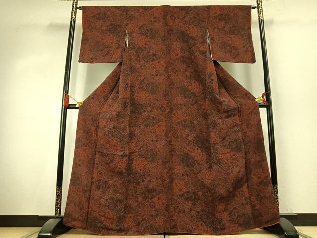 平和屋着物●上質な小紋　切嵌更紗花文　鬼しぼ縮緬　正絹　逸品　AABK7718fy