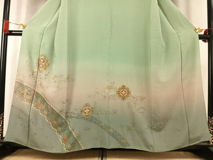 平和屋着物●訪問着　中国三大刺繍　汕頭刺繍　スワトウ刺繍　総刺繍　吉祥花文　暈し染め　金糸　正絹　逸品　AABK7727fy