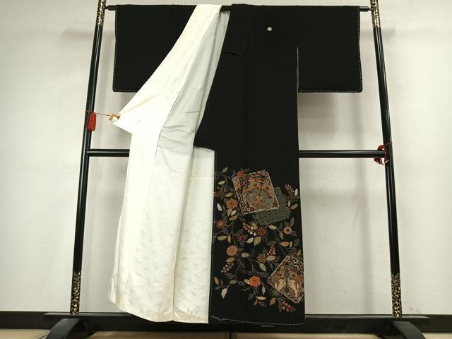 平和屋着物●豪華黒留袖　総刺繍　花鳥文　金糸　正絹　逸品　未使用　AABK7729fy