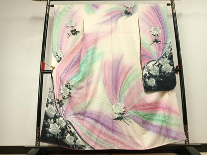 平和屋着物●写真家・秋山庄太郎　振袖　薔薇　暈し染め　銀彩　正絹　逸品　AABK7730fy