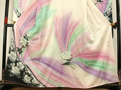 平和屋着物●写真家・秋山庄太郎　振袖　薔薇　暈し染め　銀彩　正絹　逸品　AABK7730fy