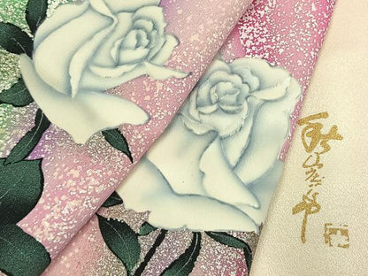 平和屋着物●写真家・秋山庄太郎　振袖　薔薇　暈し染め　銀彩　正絹　逸品　AABK7730fy