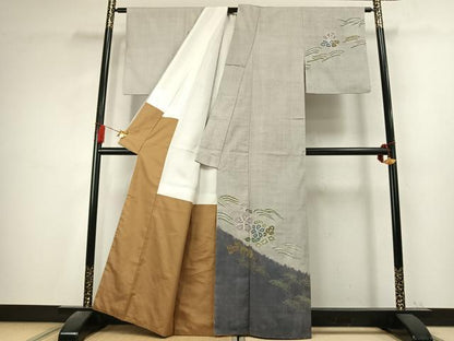 平和屋着物●訪問着　生紬　絞り　草花文　正絹　逸品　AABK7731fy