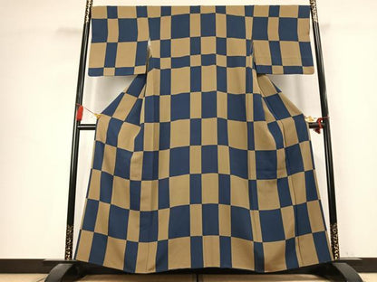 平和屋着物●上質な小紋　市松文様　正絹　逸品　AABK7742fy