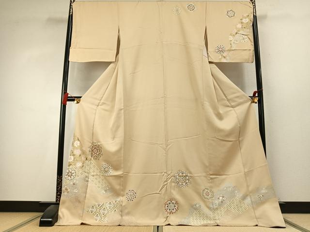 平和屋着物●訪問着　駒刺繍　吉祥花文　金彩　ロング丈　正絹　逸品　AABK7748fy