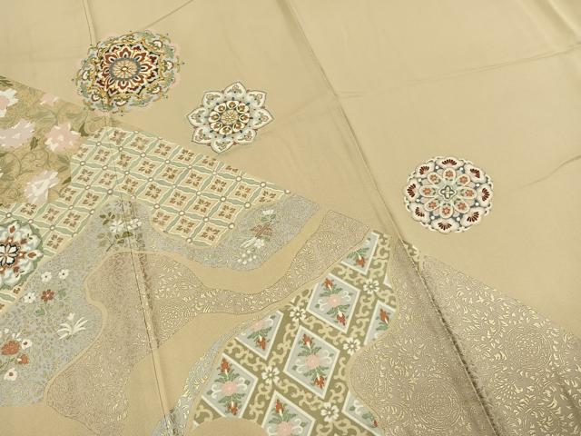 平和屋着物●訪問着　駒刺繍　吉祥花文　金彩　ロング丈　正絹　逸品　AABK7748fy