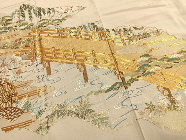 平和屋着物●豪華色留袖　総刺繍　駒刺繍　風景文　金糸　浜ちりめん　反端付き　正絹　逸品　未使用　AABK7757fy