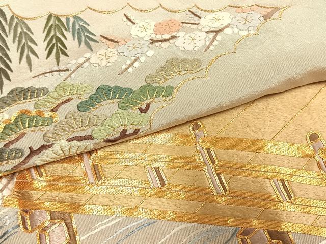 平和屋着物●豪華色留袖　総刺繍　駒刺繍　風景文　金糸　浜ちりめん　反端付き　正絹　逸品　未使用　AABK7757fy