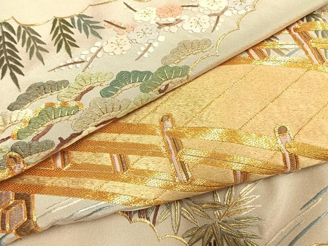 平和屋着物●豪華色留袖　総刺繍　駒刺繍　風景文　金糸　浜ちりめん　反端付き　正絹　逸品　未使用　AABK7757fy