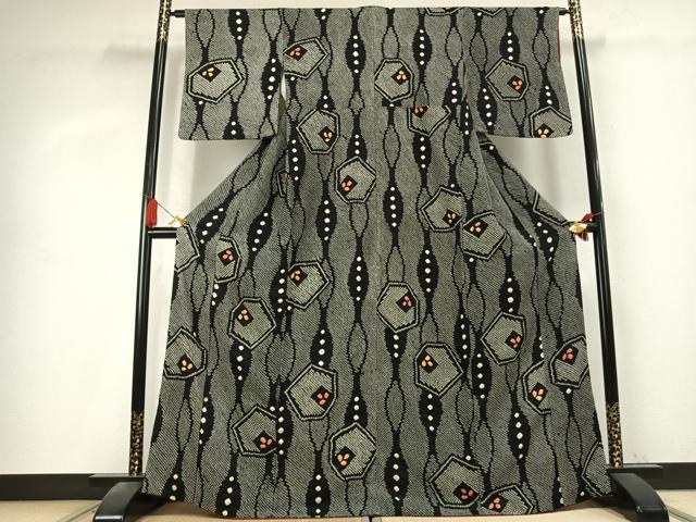 平和屋着物●上質な小紋　総絞り　幾何学文様　黒地　正絹　逸品　AABK7760fy
