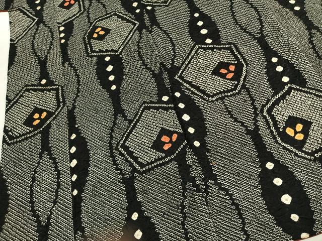 平和屋着物●上質な小紋　総絞り　幾何学文様　黒地　正絹　逸品　AABK7760fy