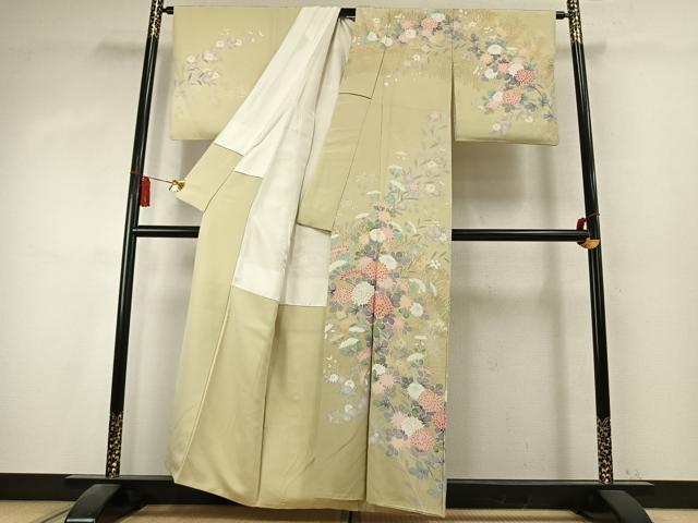 平和屋着物●十日町友禅作家　松雨　訪問着　草花文　金彩　正絹　逸品　AABK7767fy