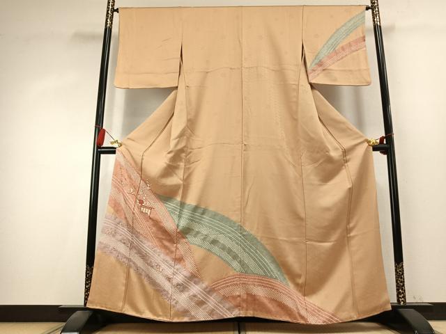 平和屋着物●訪問着　絞り　刺繍　草花文　金彩　正絹　逸品　AABK7768fy