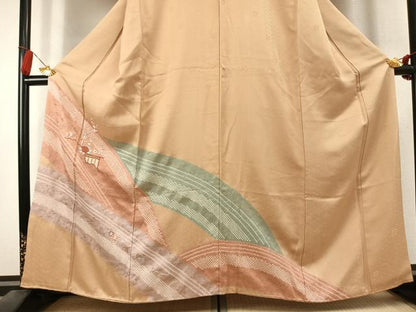 平和屋着物●訪問着　絞り　刺繍　草花文　金彩　正絹　逸品　AABK7768fy